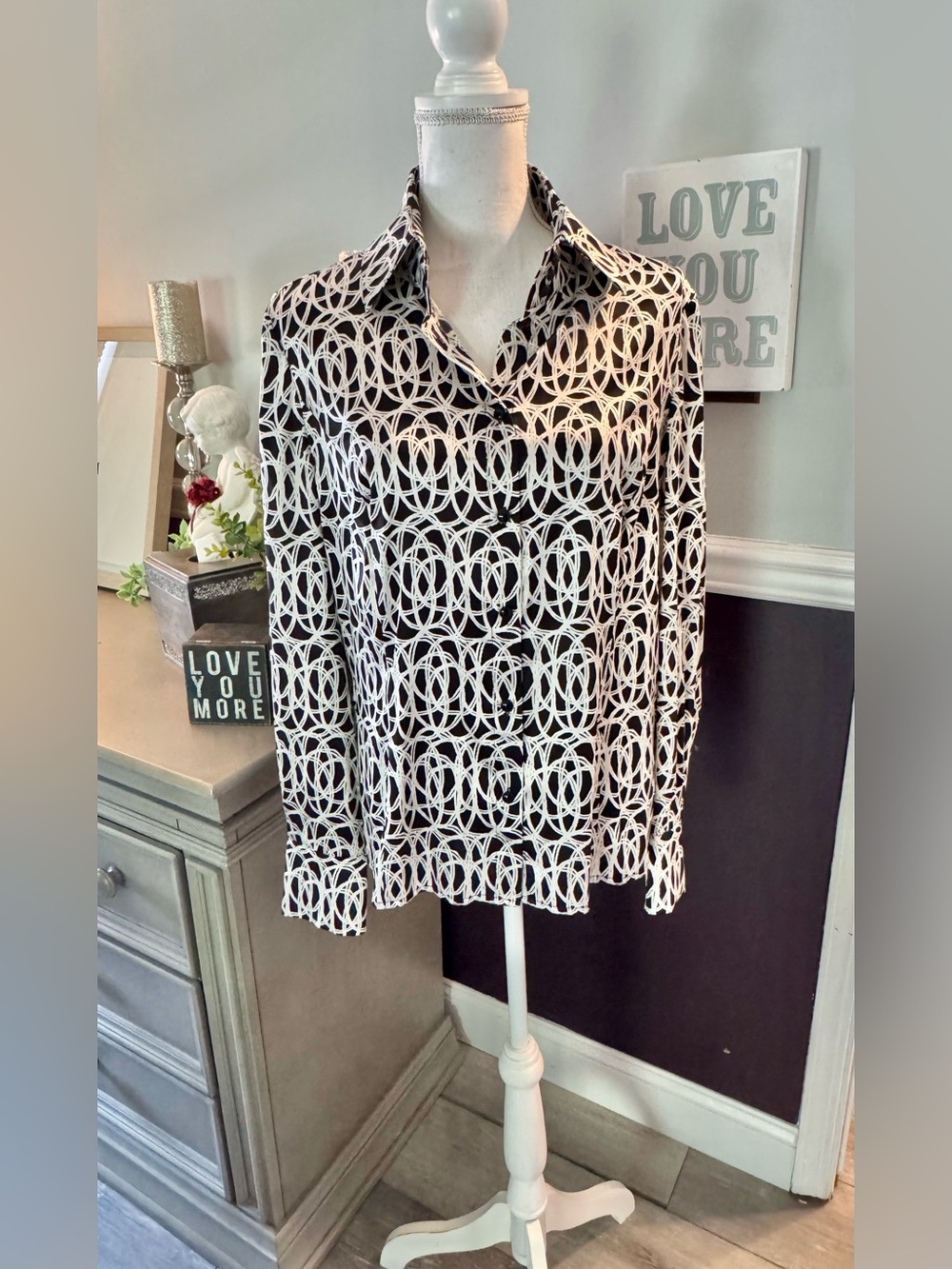 Carlisle Silk Button Front Blouse Black White Print Size 14
